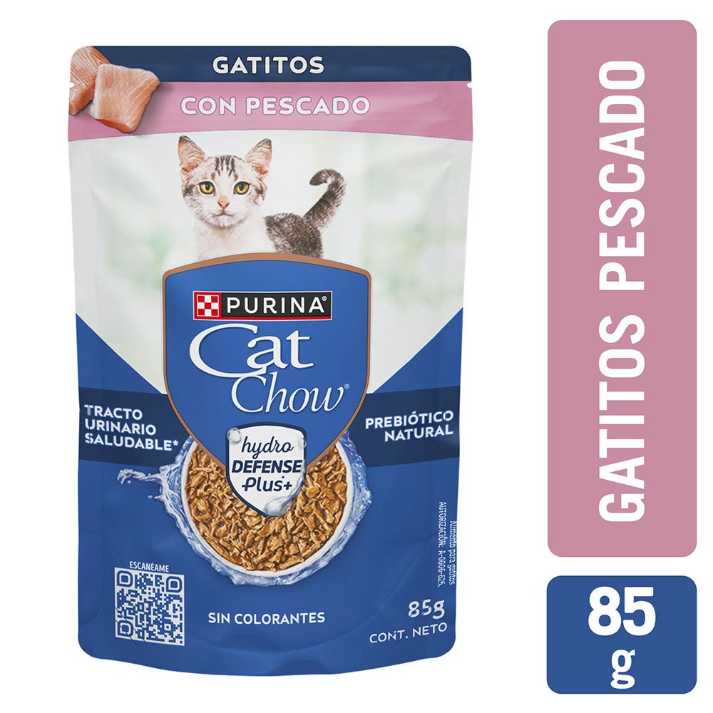 Sobre Cat Chow Gatitos con Pescado de 85 g, alimento húmedo para gatitos que apoya al tracto urinario