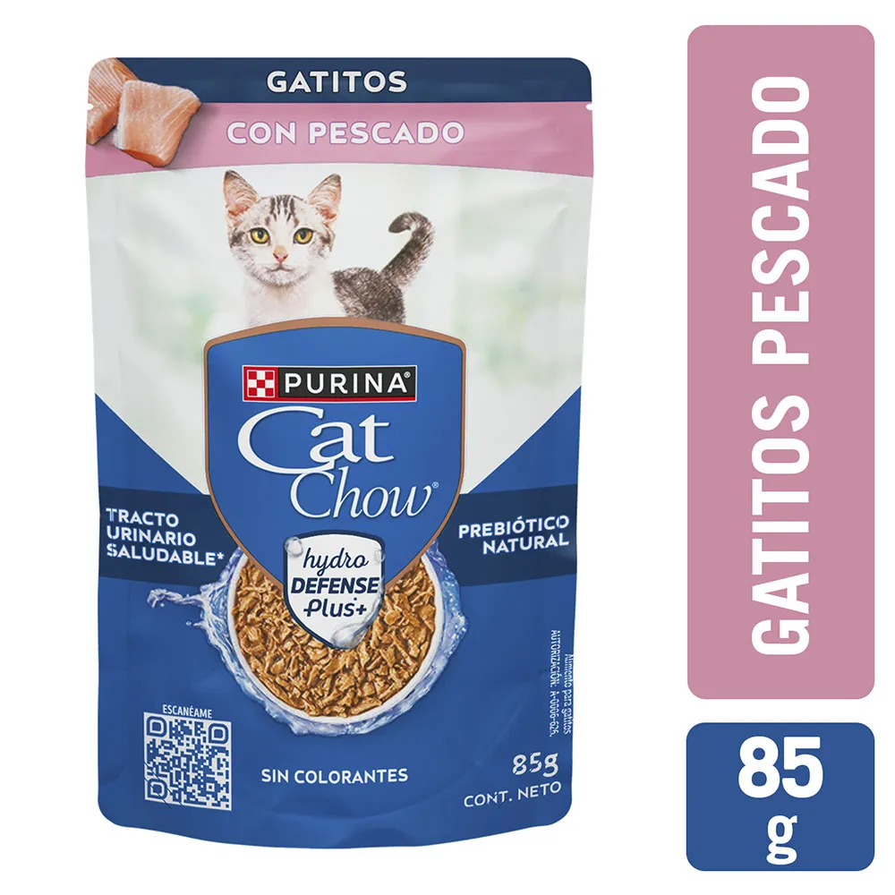 Sobre Cat Chow Gatitos con Pescado de 85 g, alimento húmedo para gatitos que apoya al tracto urinario